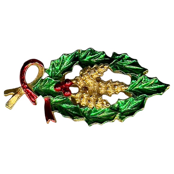Vintage Gerrys Christmas Holiday Jewelry Pin Brooch Holly Leaves Pinecone Center - Picture 4 of 6